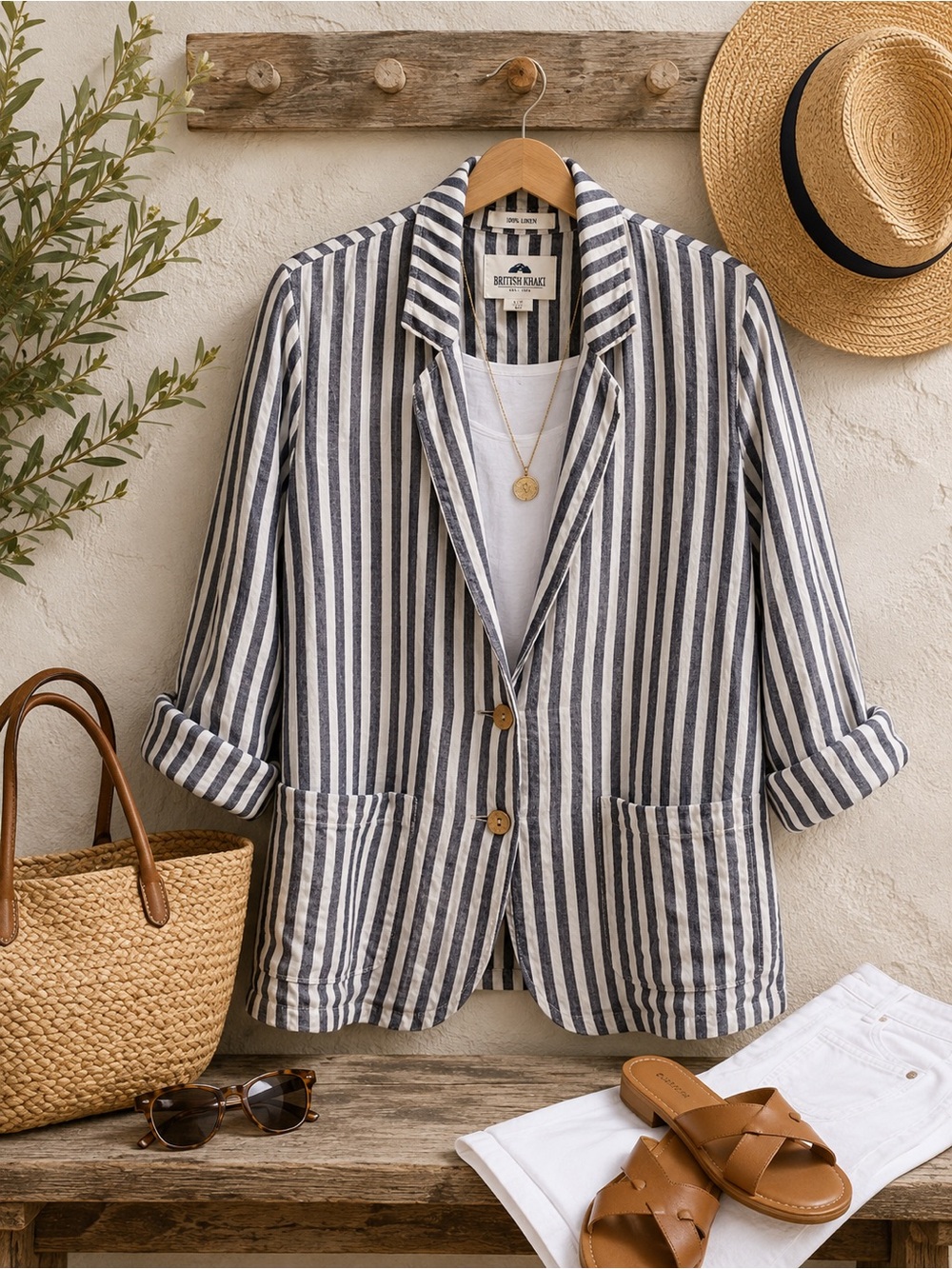 British Khaki 100% Linen Navy White Striped Blazer Jacket Size Large Pockets